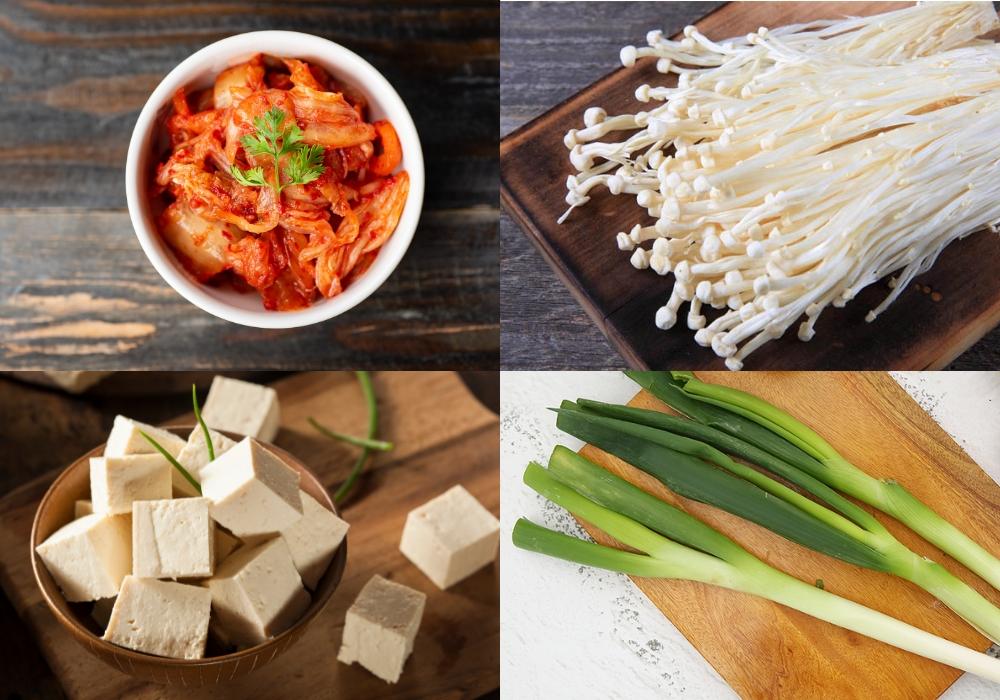 Nguyên liệu tươi ngon sẵn sàng: Kim chi chua, ba chỉ heo và đậu phụ non