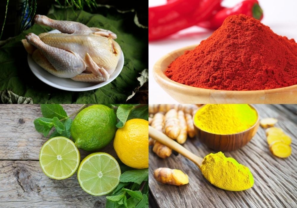 Nguyên liệu tươi ngon chuẩn bị để làm gà nướng lu 